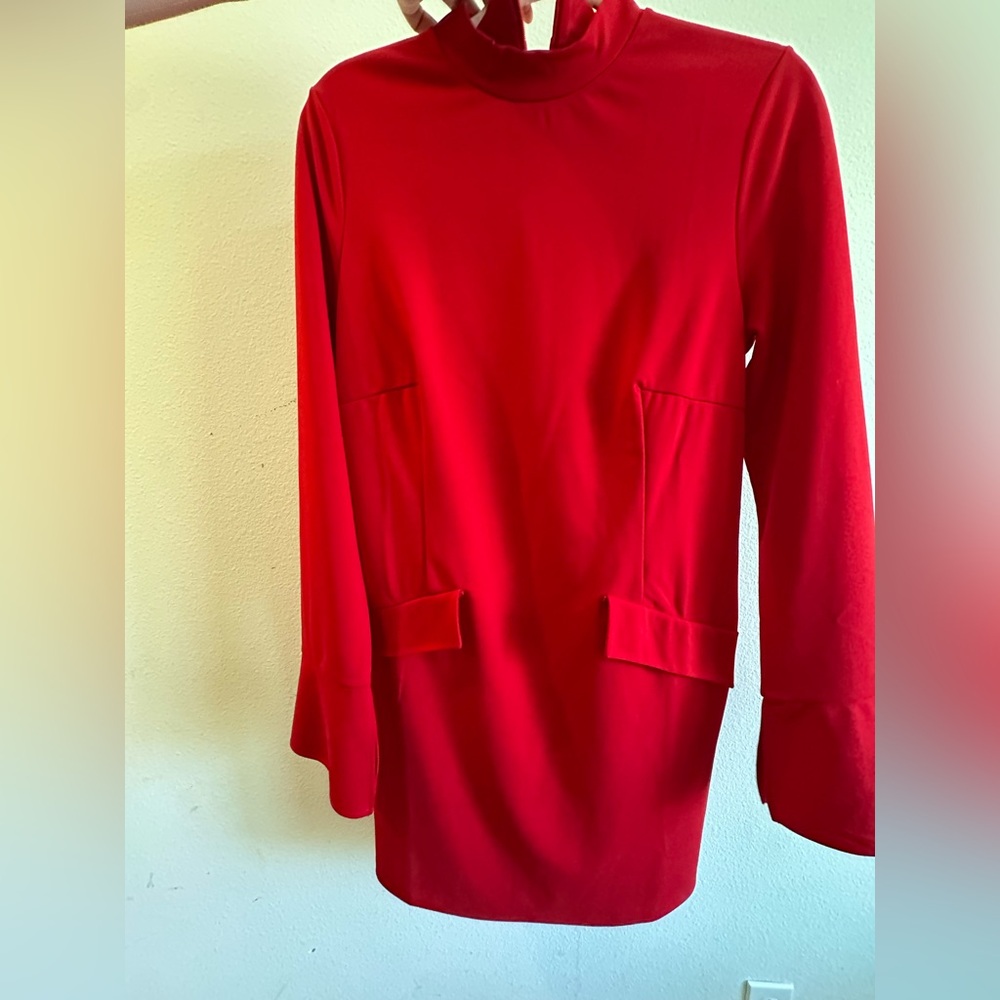 H&M Red Long Sleeve Shift Dress with Pocket Detail